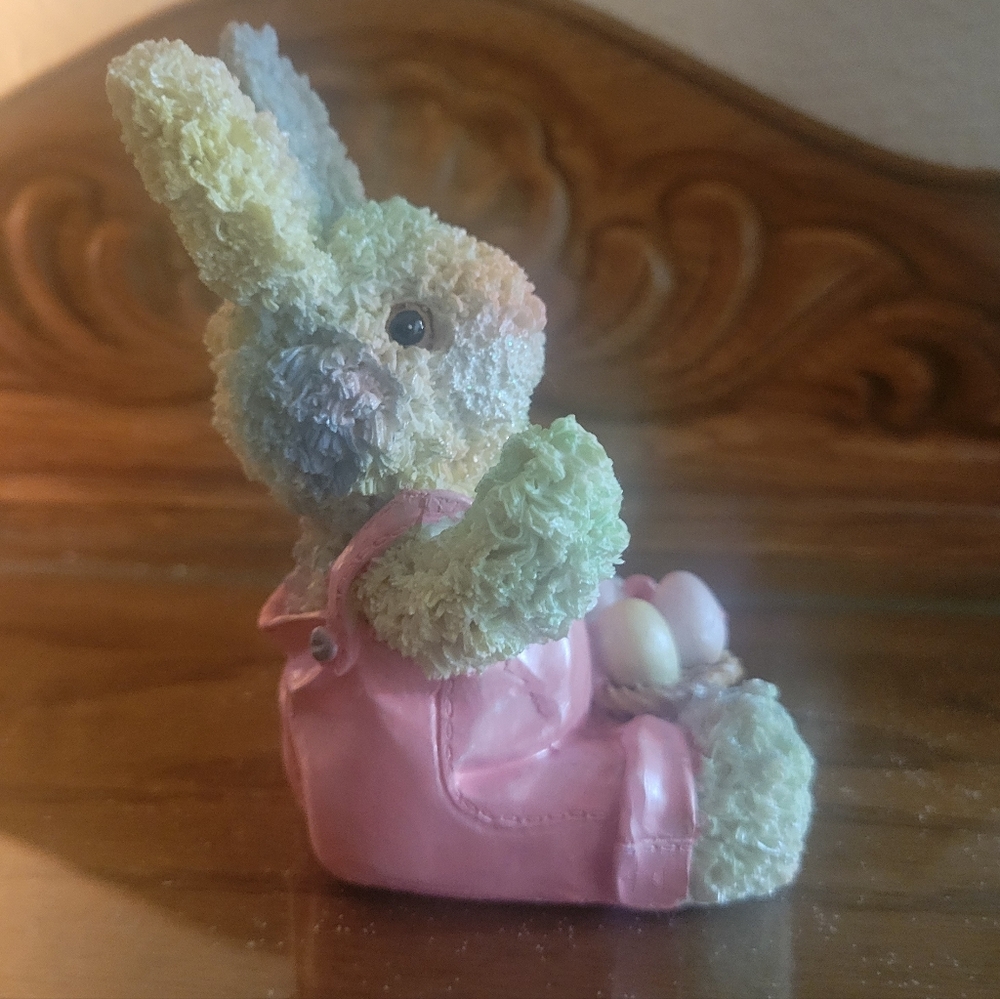 Hand Painted Bunny Figurine Pink Overalls Basket Pastel Eggs Approx 5.5" - Picture 5 of 11
